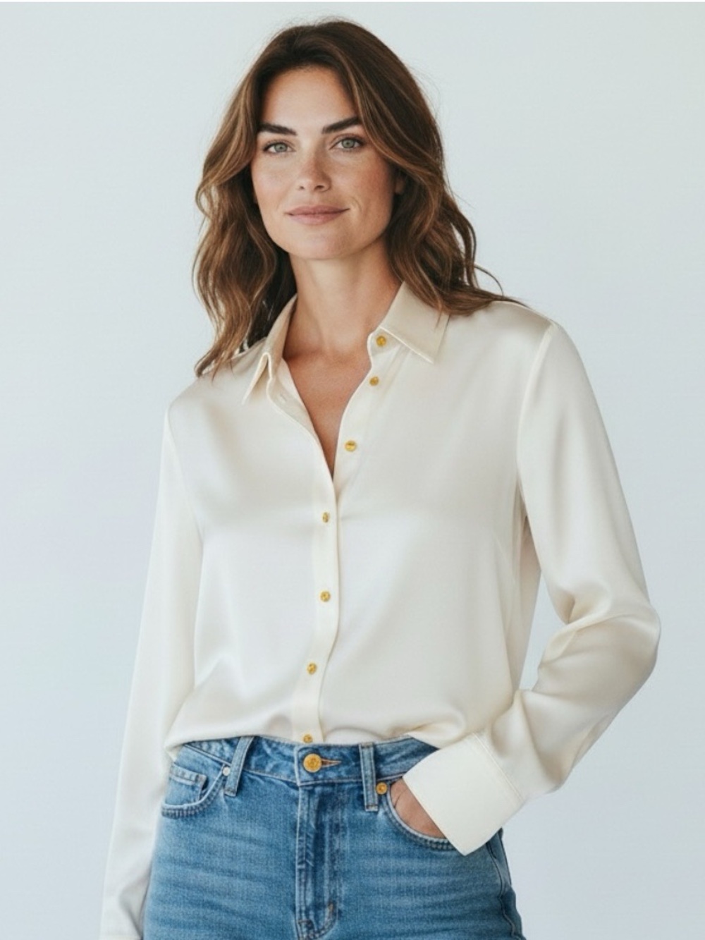 RAVELLA Ivory Silk Button-Down Shirt Blouse Classic s/6